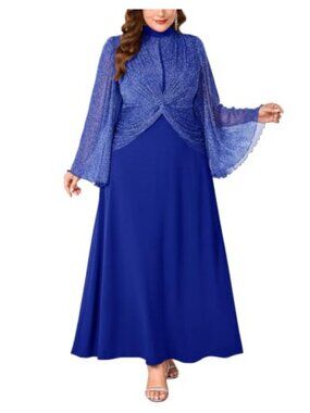 Plus Size Sparkly Glitter Mesh Mock Neck Twist Knot A-Line Maxi Formal Gown